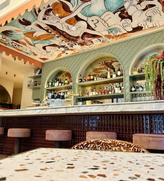 Sacha est le restaurant bistronomique et bar à cocktails de l'hôtel Posidonia à Nice. Il propose une cuisine méditerranéenne créative dans un décor habillé des fresques de l'artiste Franck Lebraly (comptoir)